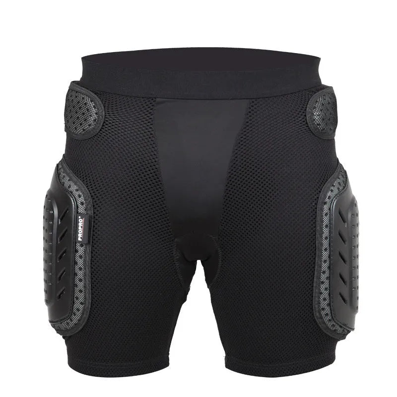 Black adult cycling protective pants with hip pads for mountain biking safety.