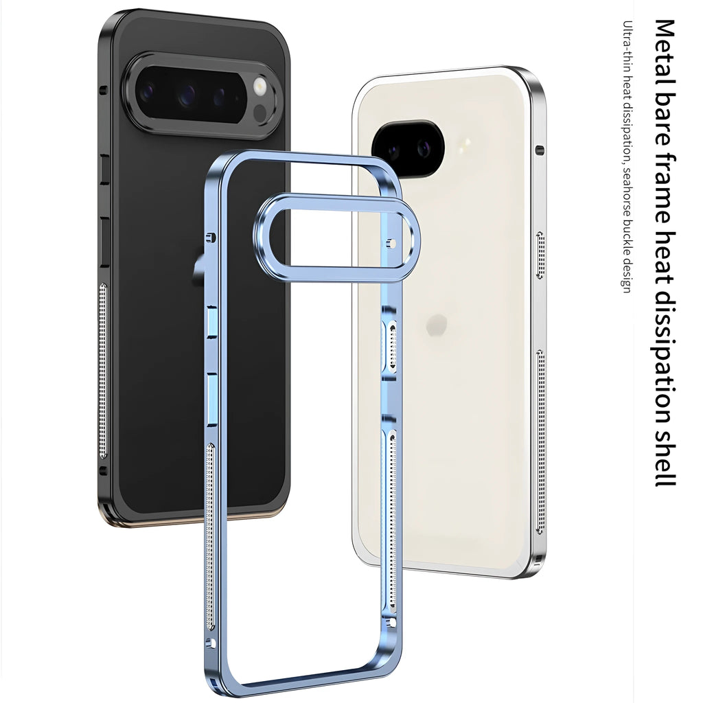 Aluminium alloy heat dissipation phone case for Google Pixel 9 Pro XL smartphone in black colour with separate lens case