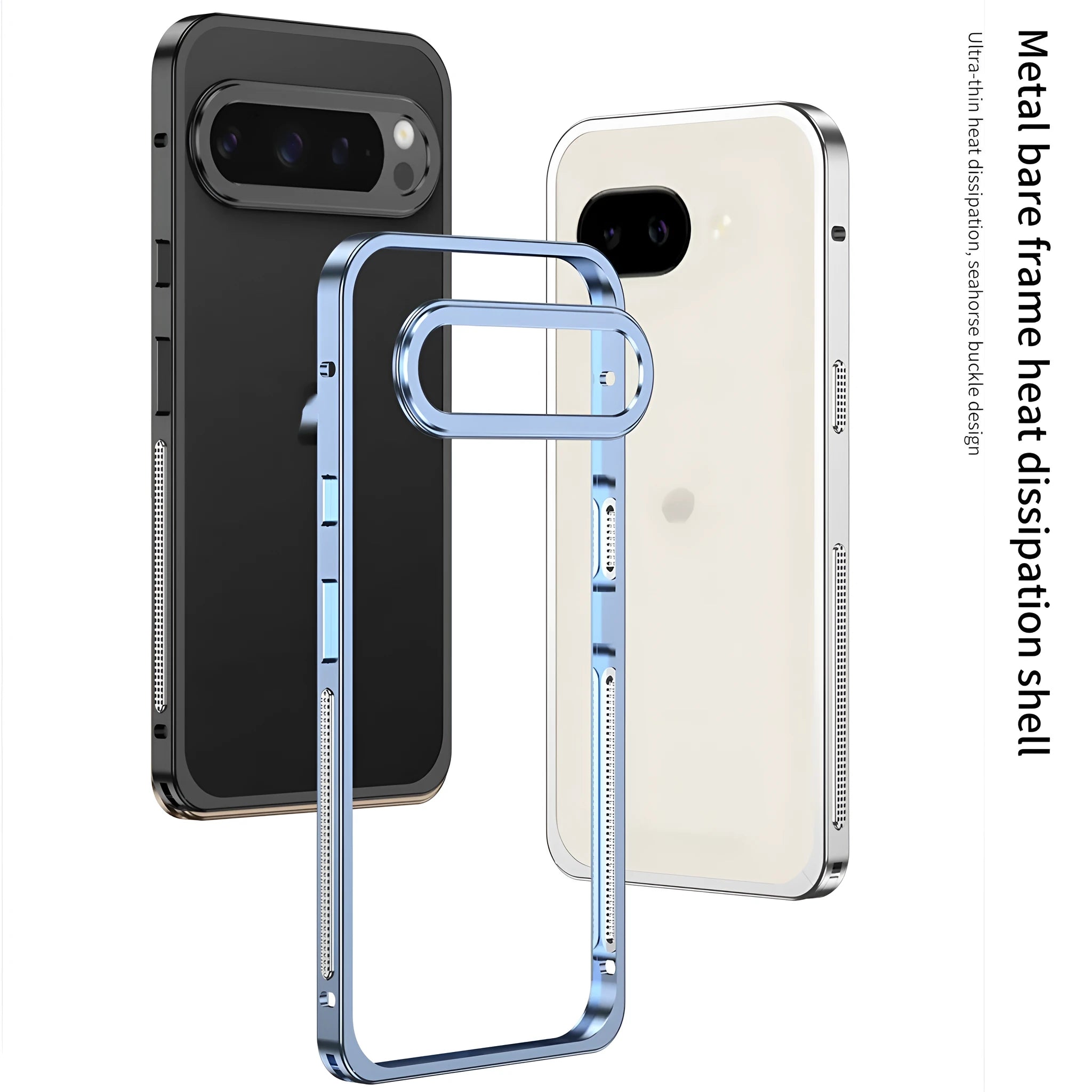 Aluminium alloy heat dissipation phone case for Google Pixel 9 Pro XL smartphone in black colour with separate lens case