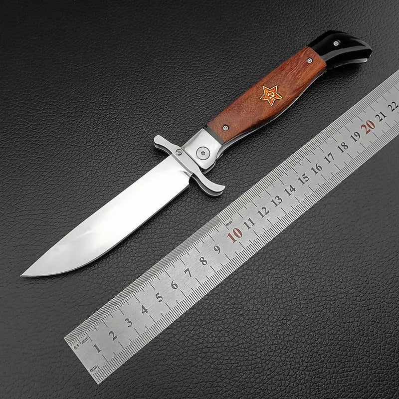 Multi-function folding knife with 440C blade and sandal wood handle on cowhide sheath