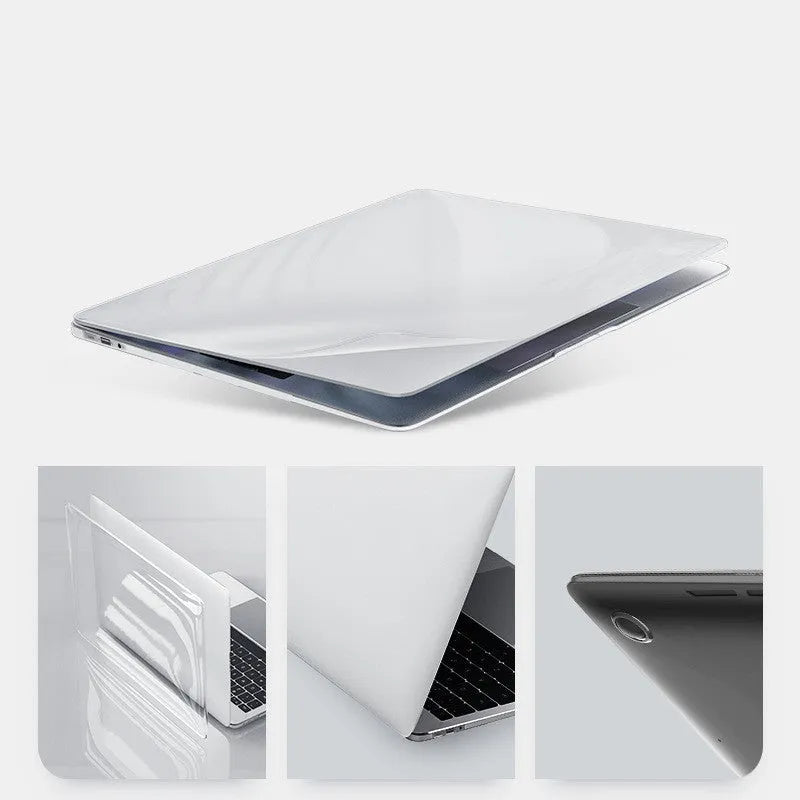 Black PC hard shell protective case fitted on a silver MacBook Pro laptop.