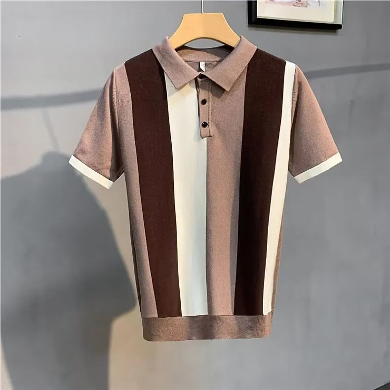 Men's short sleeve vintage stripe shirt with front zipper, khaki colour, Mercerized cotton and rabbit fur blend