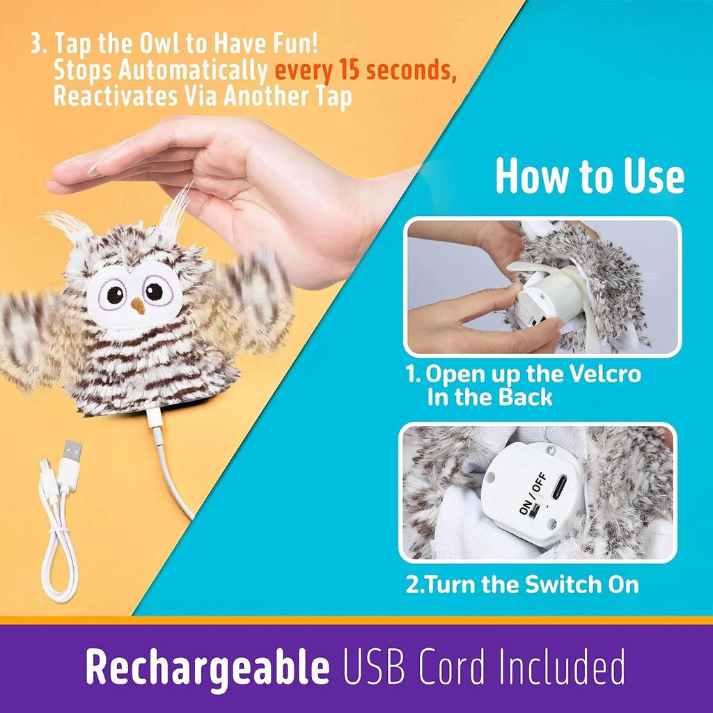 Grey automatic owl cat toy with flapping wings on a floor