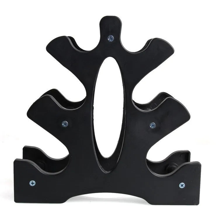 White PVC removable dumbbell rack stand holding multiple dumbbells on a gym floor.
