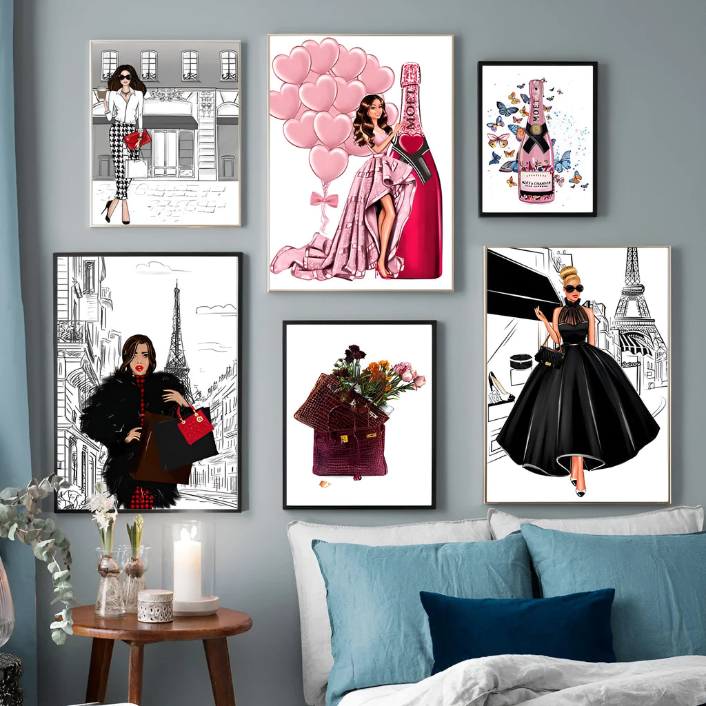 Canvas wall art print showing fashion girl cartoon design with balloon and champagne elements