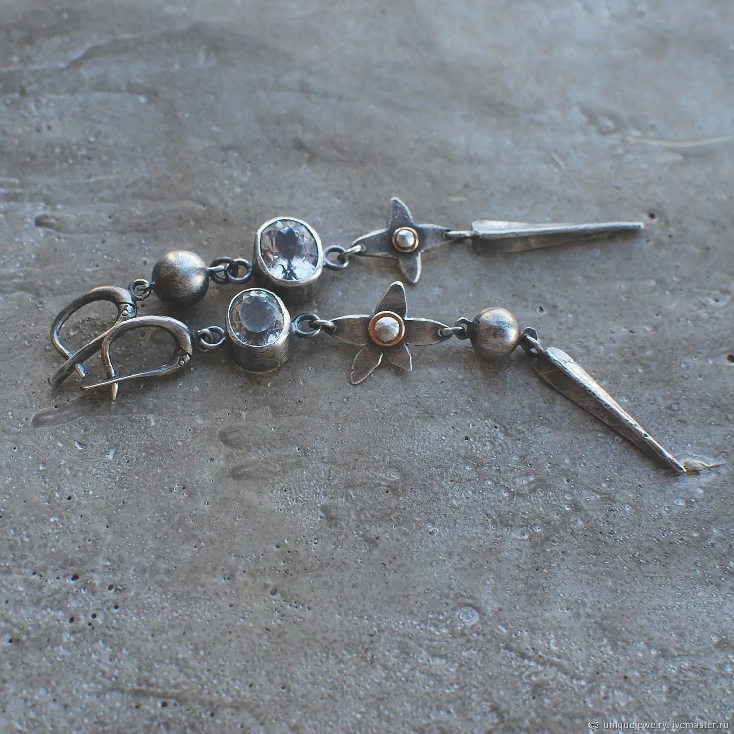 Geometric XINGX pendant earrings in antique silver with rhinestone detailing