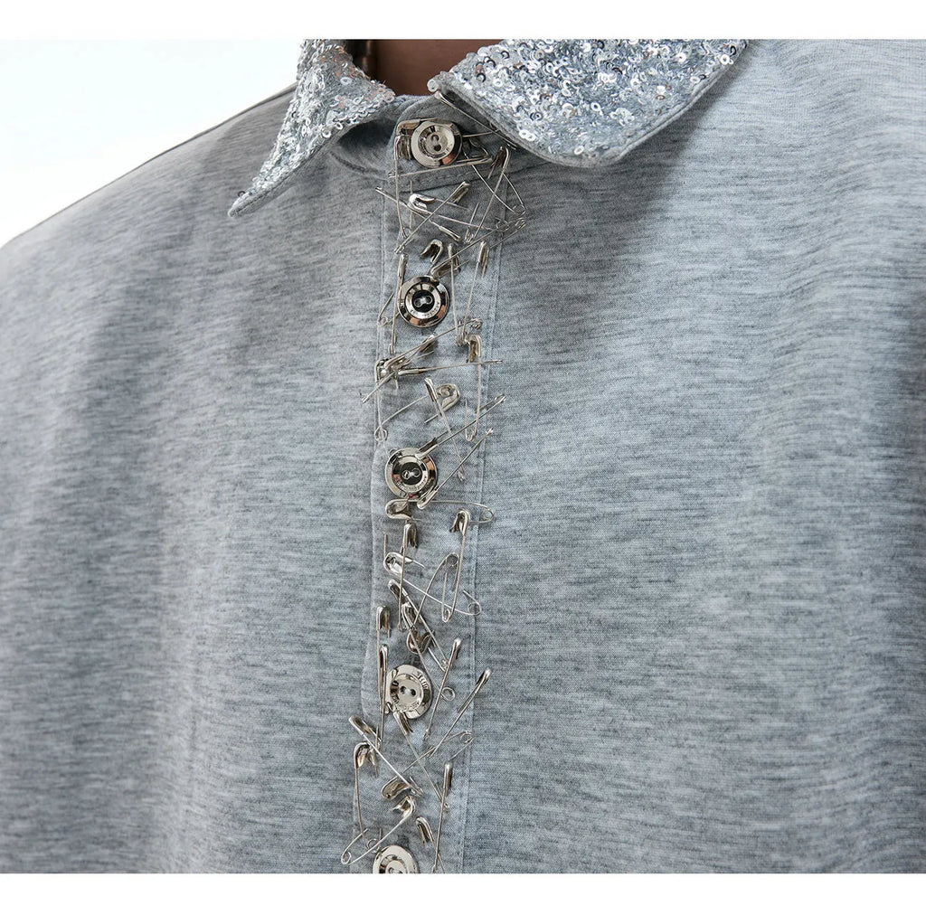 Women's loose fit sequined square neck short sleeve shirt in black with metallic decoration