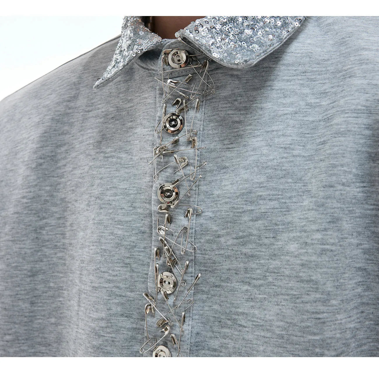 Women's loose fit sequined square neck short sleeve shirt in black with metallic decoration