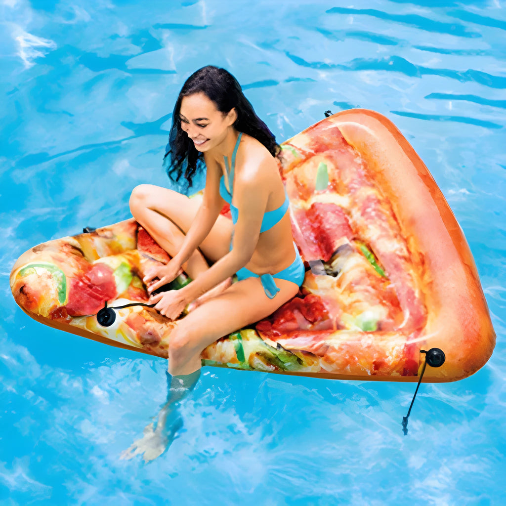Large inflatable pizza-themed surfboard float for pool lounging, 175cm by 145cm