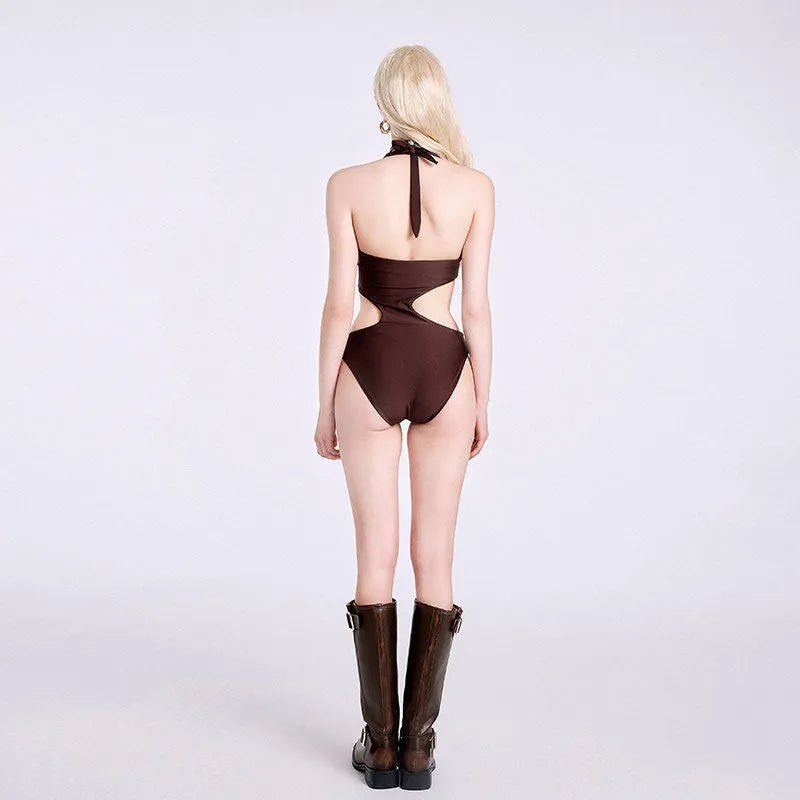 Dark brown one-piece swimsuit for girls with sleeveless design on mannequin