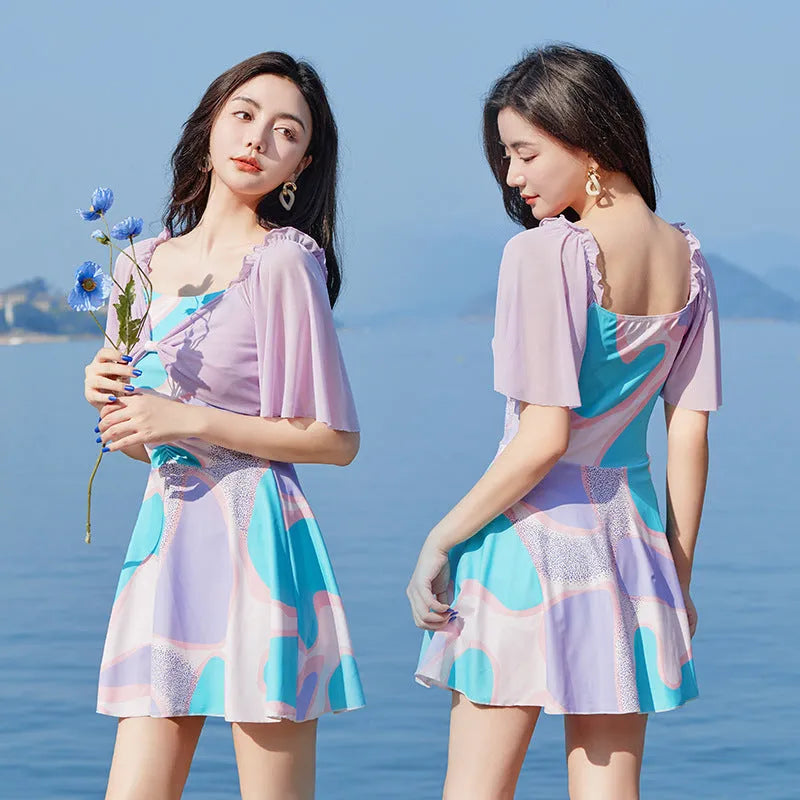 Women's floral high-waist one-piece swimsuit in light purple or light blue