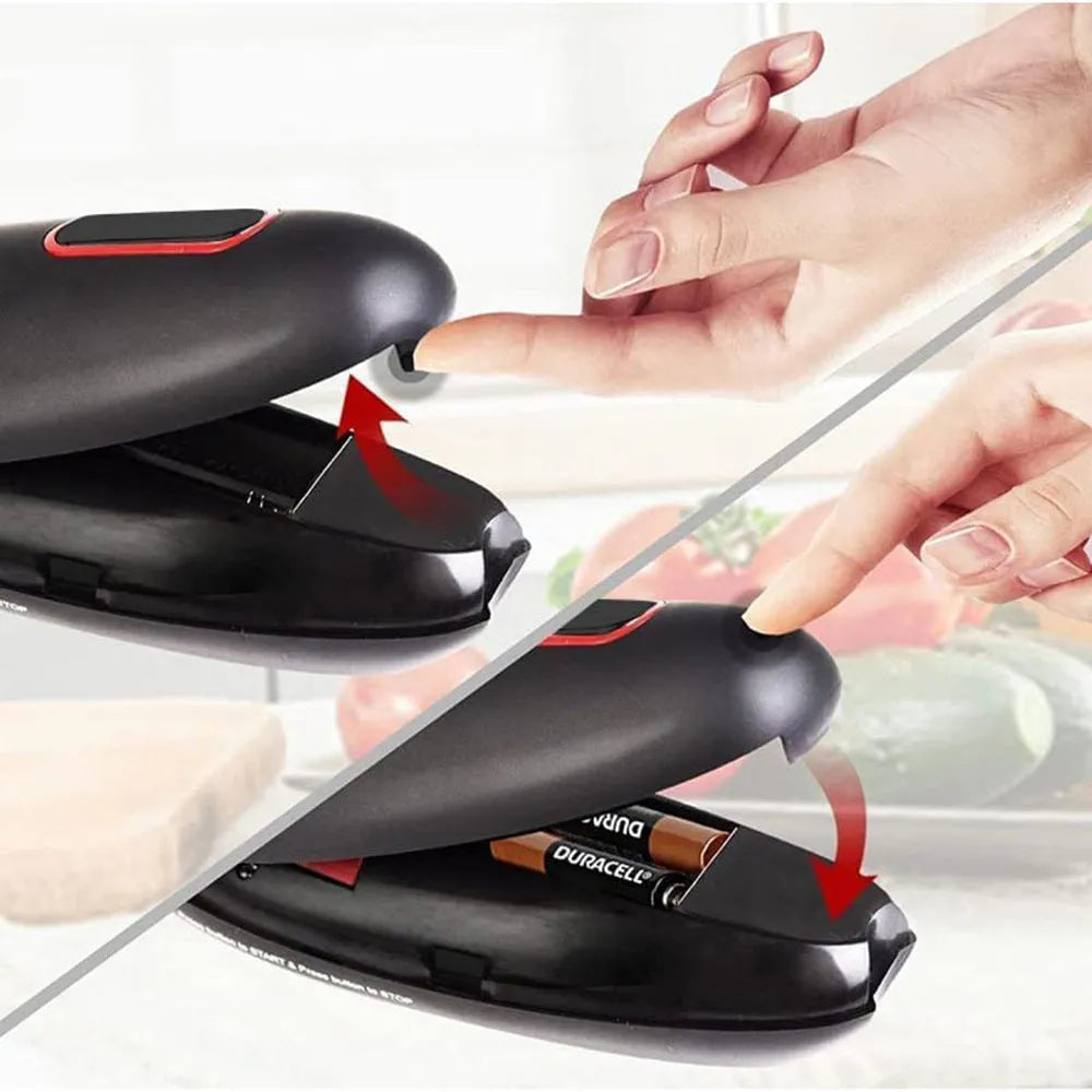 Black plastic electric can opener for one-touch opening of cans, jars, and bottles.