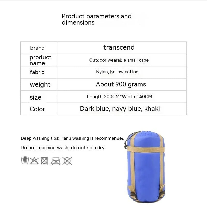 Outdoor wearable cloak sleeping bag in army green or grey, shown as a blanket and cape.
