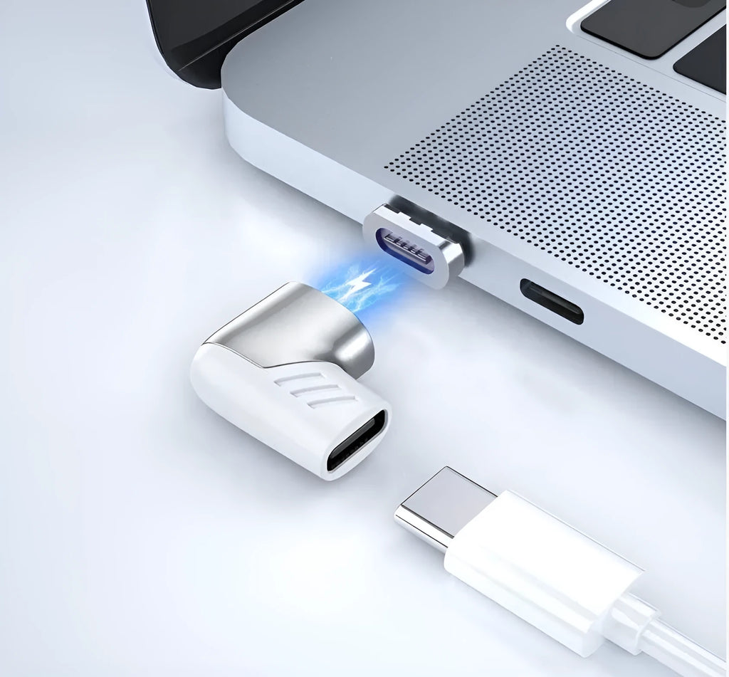 100W 5A magnetic Type-C adapter in black, zinc alloy and TPE, L-shaped design with soft white indicator light