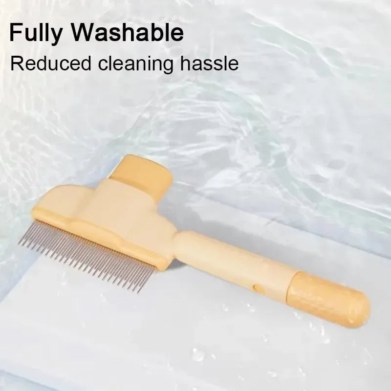 Green and yellow dog grooming brush with one-click hair removal mechanism and pressure adjustment