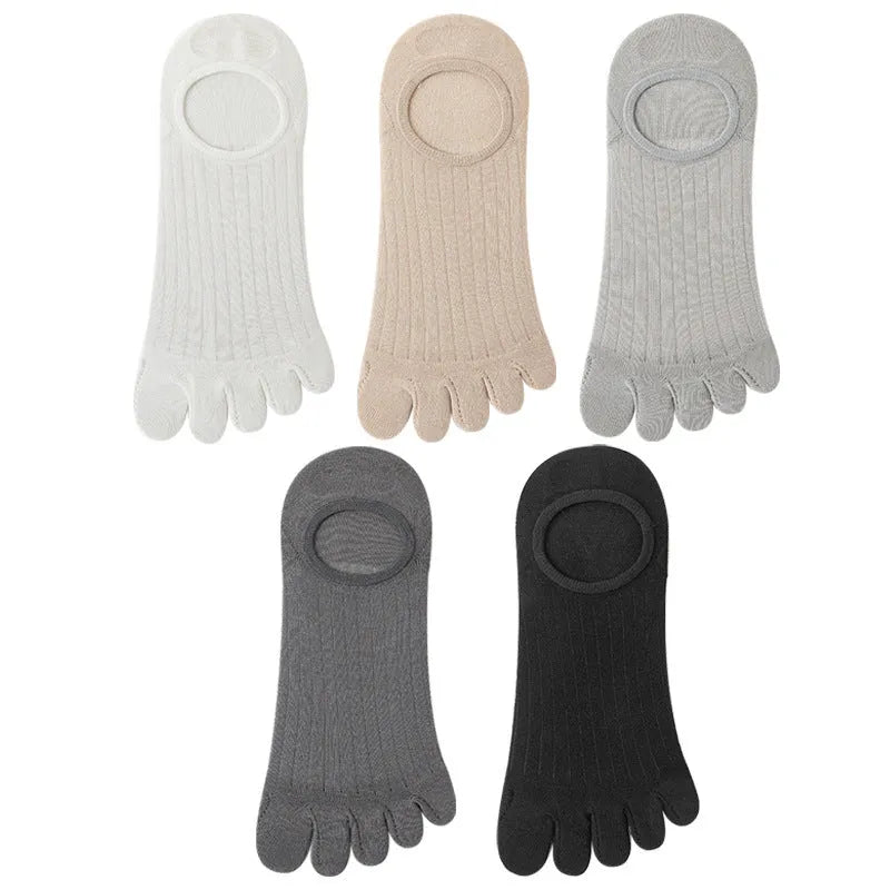 Modal cotton five-finger boat socks in black, dark grey, khaki, light grey, and white colours.