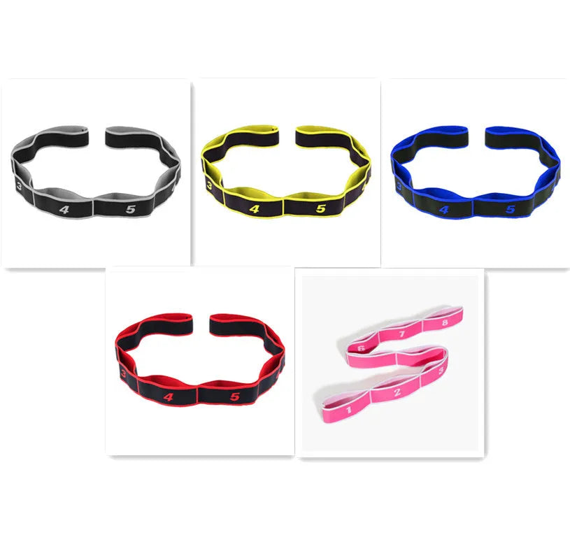 Yoga multi-section stretch strap in seven colour options with polyester cotton latex yarn construction