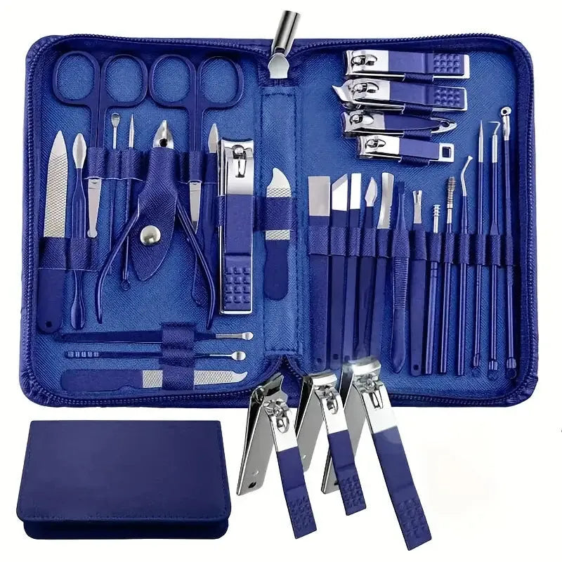 30-piece stainless steel nail beauty tool set shown in pink, blue, rose gold, black, and green colour options.