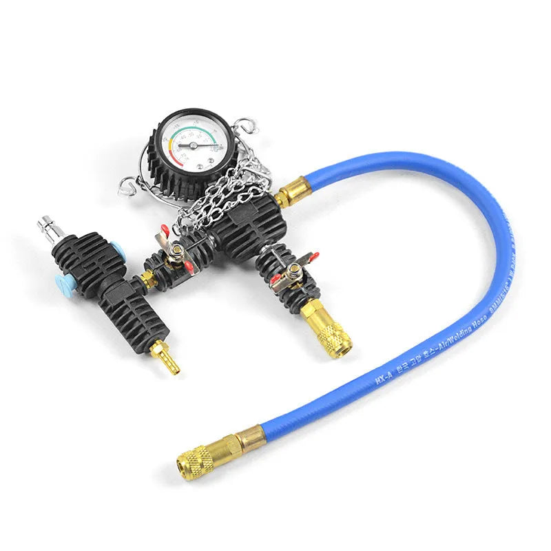 Blue automotive radiator pressure testing kit with 28 pieces including vacuum purge tools