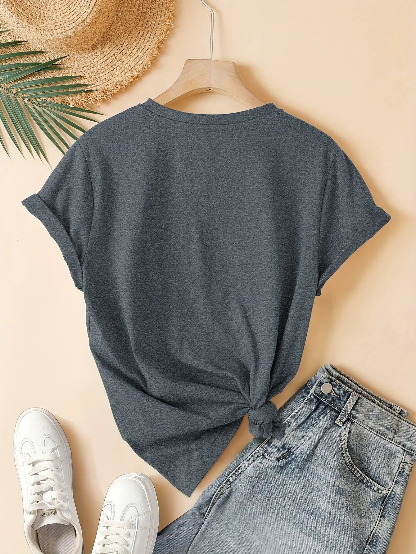 Women's pure cotton t-shirt with three heart print in Chinese retro style, short sleeves, round neck