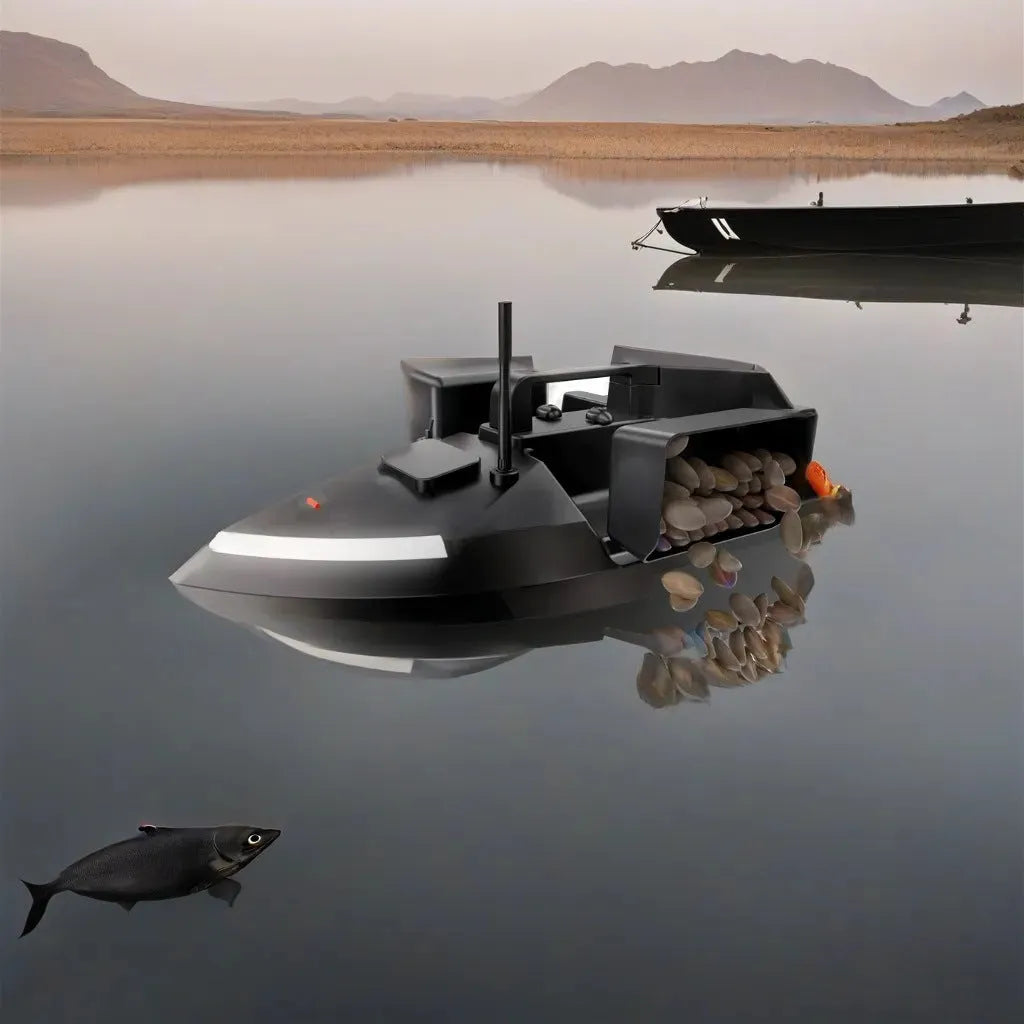 V020 black remote control fishing boat with GPS antenna on a calm lake.