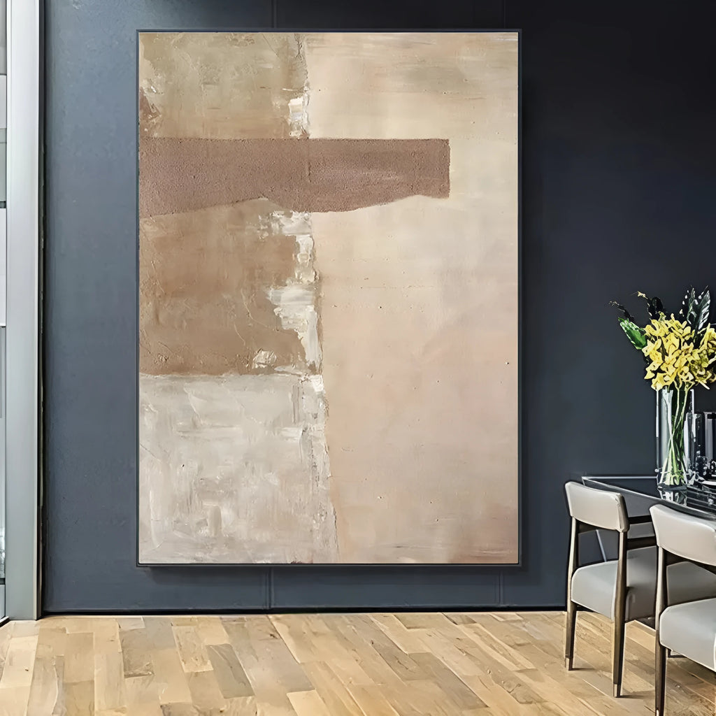 Large handmade abstract oil painting on canvas, brown textured medieval wabi-sabi style, vertical one-panel wall art, no frame