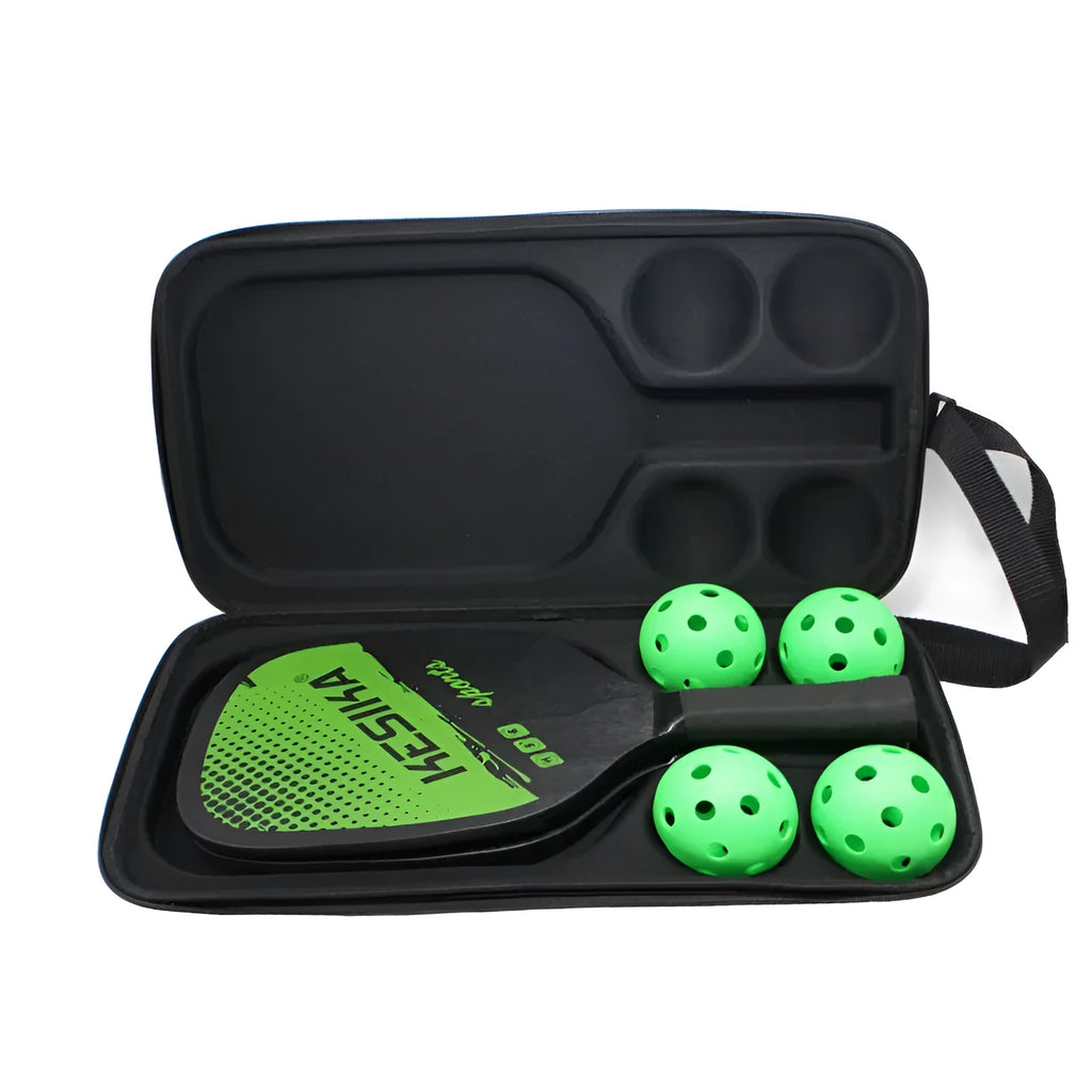 Black EVA pickleball shoulder bag holding one racket and four balls.