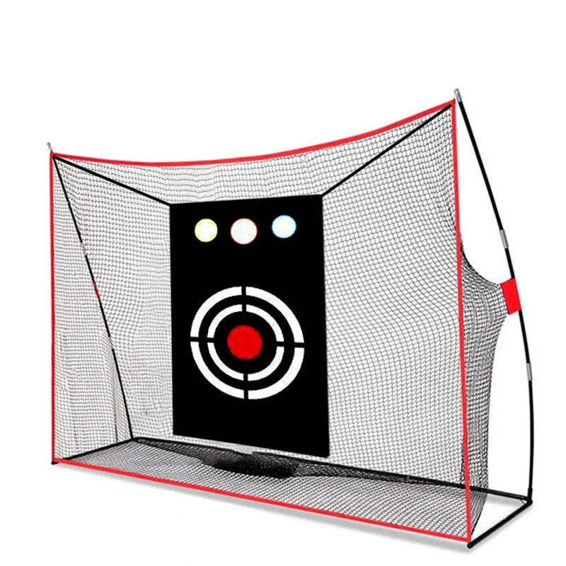 Golf wedge training kit showing three-hole cross net, straw mat, practice balls, tees, and accessories