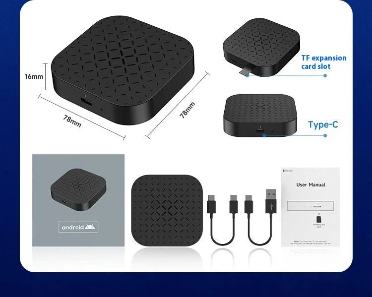 Black wireless CarPlay adapter box for original car systems with wired CarPlay, measuring 79.8mm × 14.7mm