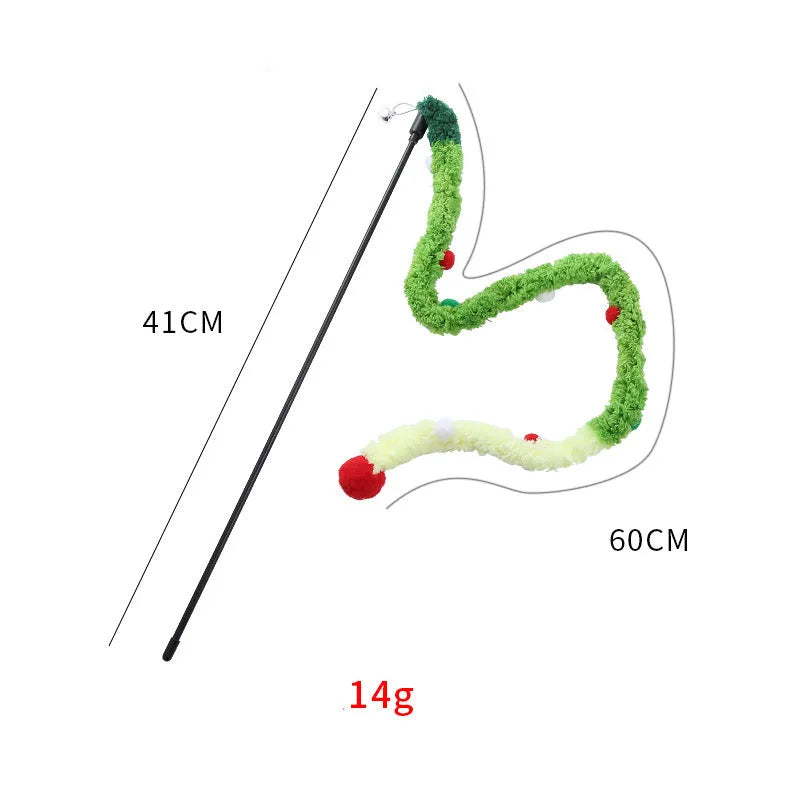 Cat teaser wand with long plush strip and colourful elements for interactive play