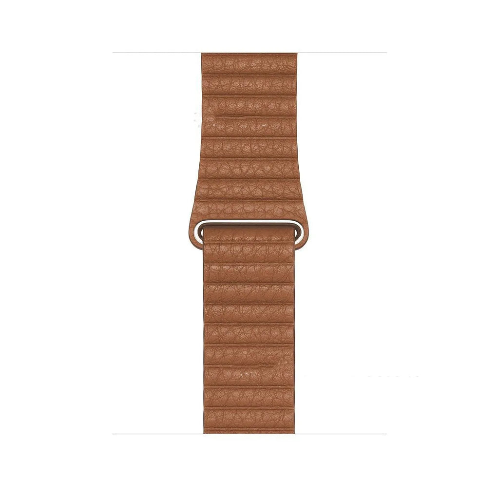 Genuine leather magnetic absorption strap for Apple Watch fitted on wrist, saddle brown colour