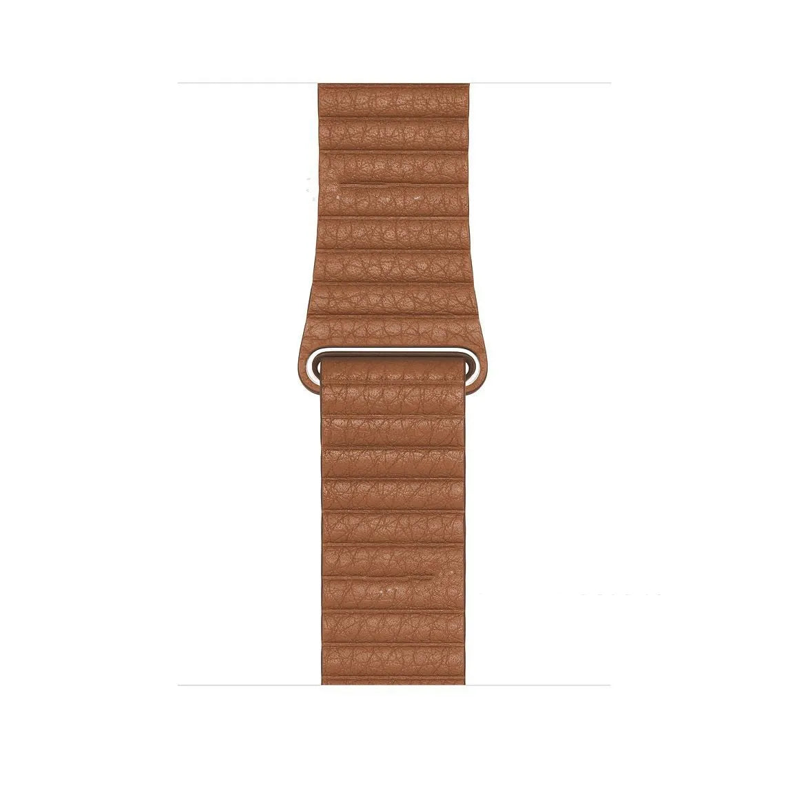 Genuine leather magnetic absorption strap for Apple Watch fitted on wrist, saddle brown colour
