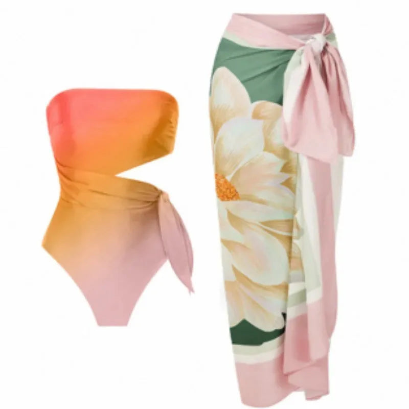 Women's printed retro French style one-piece swimsuit on a mannequin