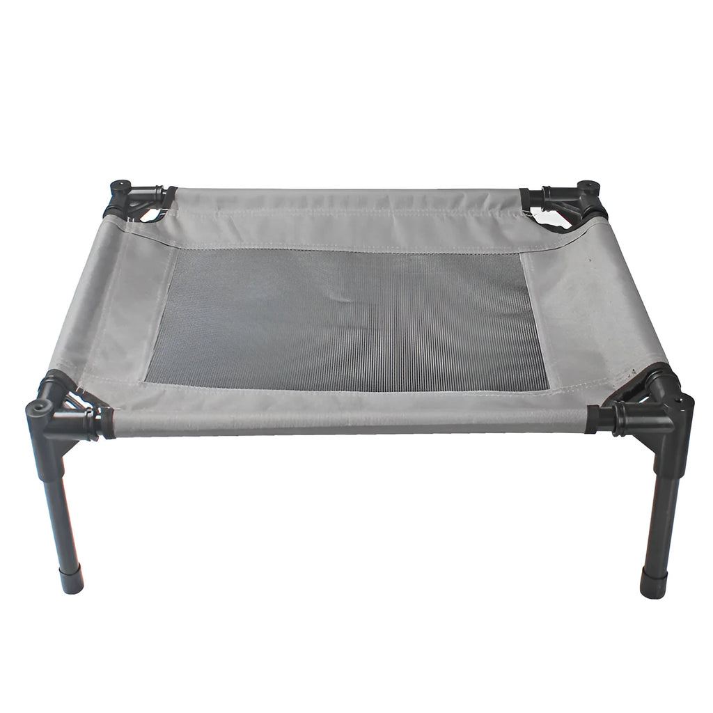 Black outdoor portable dog bed with steel frame and removable Oxford cloth cover.