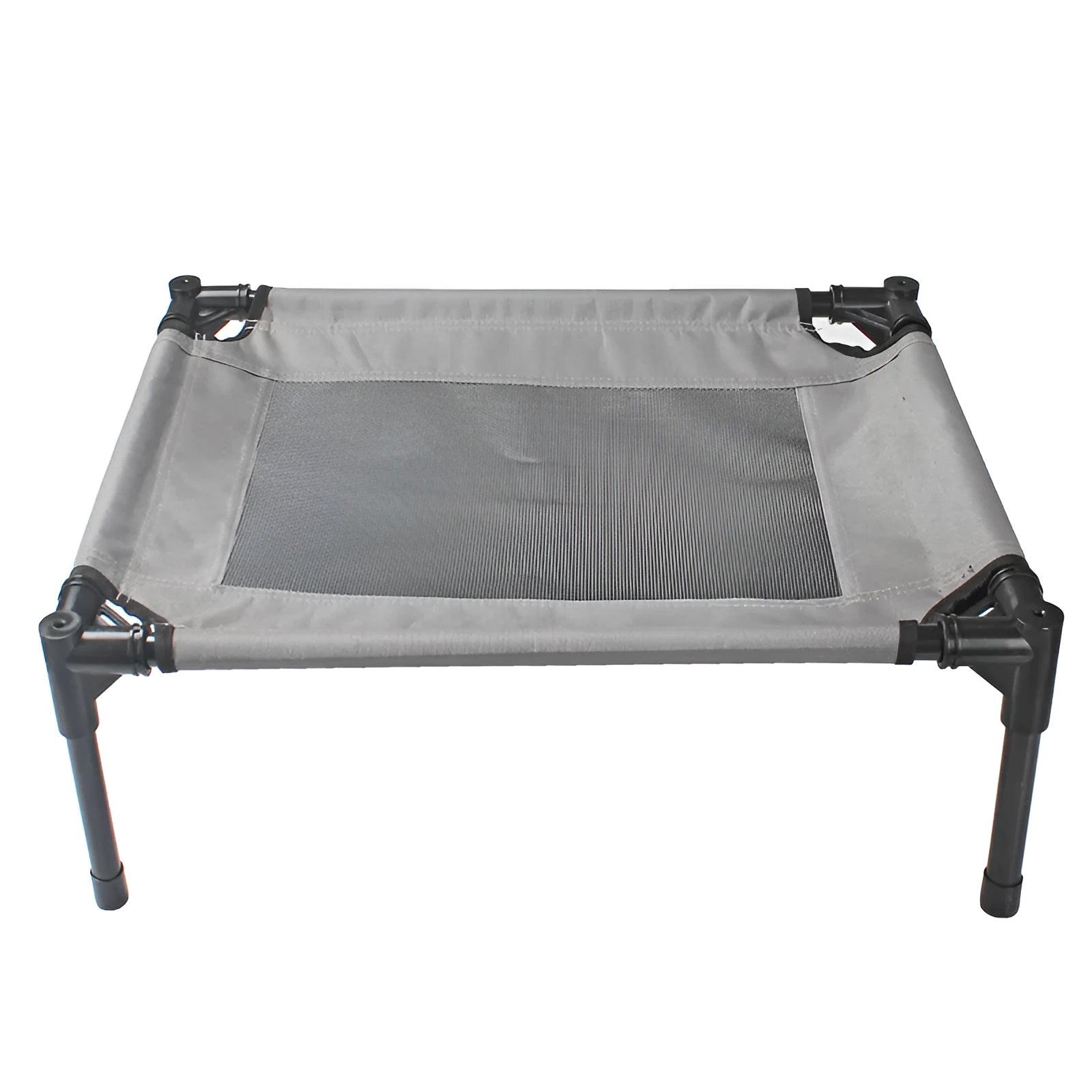 Black outdoor portable dog bed with steel frame and removable Oxford cloth cover.