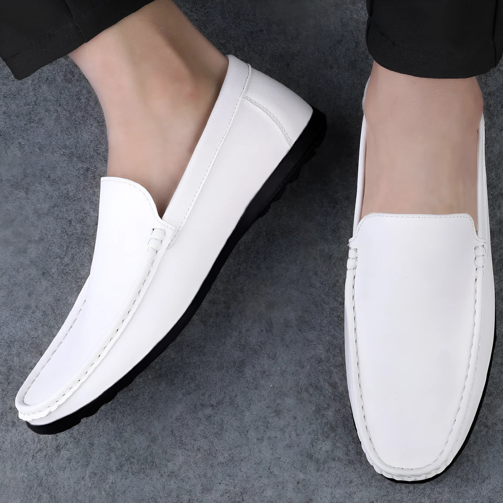 Men's white casual loafers low-top soft bottom flat heel stitched rubber sole side view