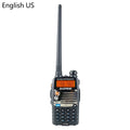 Baofeng UV-5RA black dual band walkie-talkie with dual display and antenna.