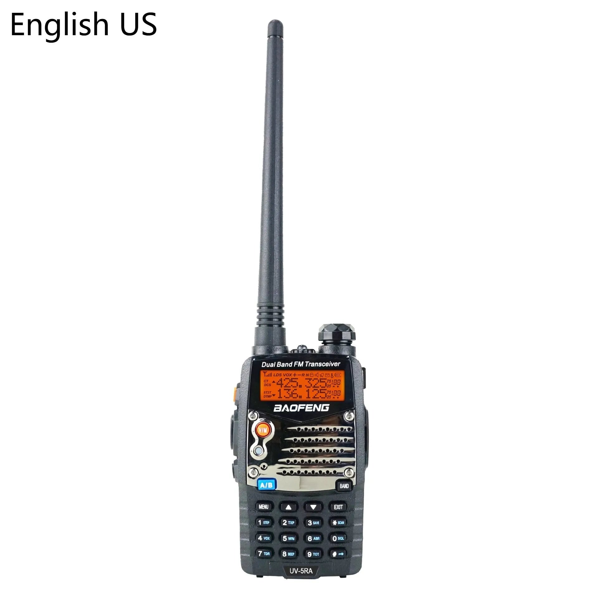 Baofeng UV-5RA black dual band walkie-talkie with dual display and antenna.