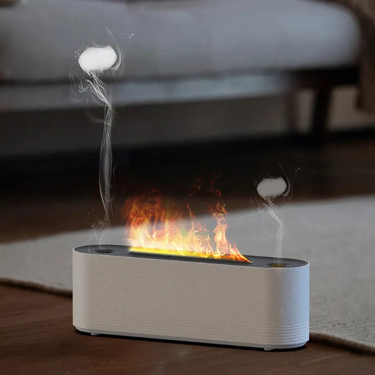 Black ultrasonic humidifier diffuser with 7-colour LED flame lighting effect and water mist emission