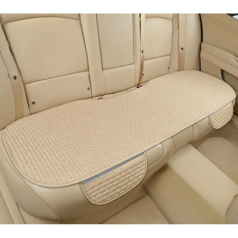 Linen car seat cushion set with hemmed edge in coffee, black and red, or cream colours for four-season protection