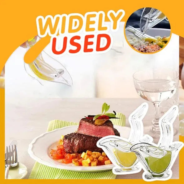 Clear acrylic bird-shaped manual lemon juicer kitchen gadget on countertop