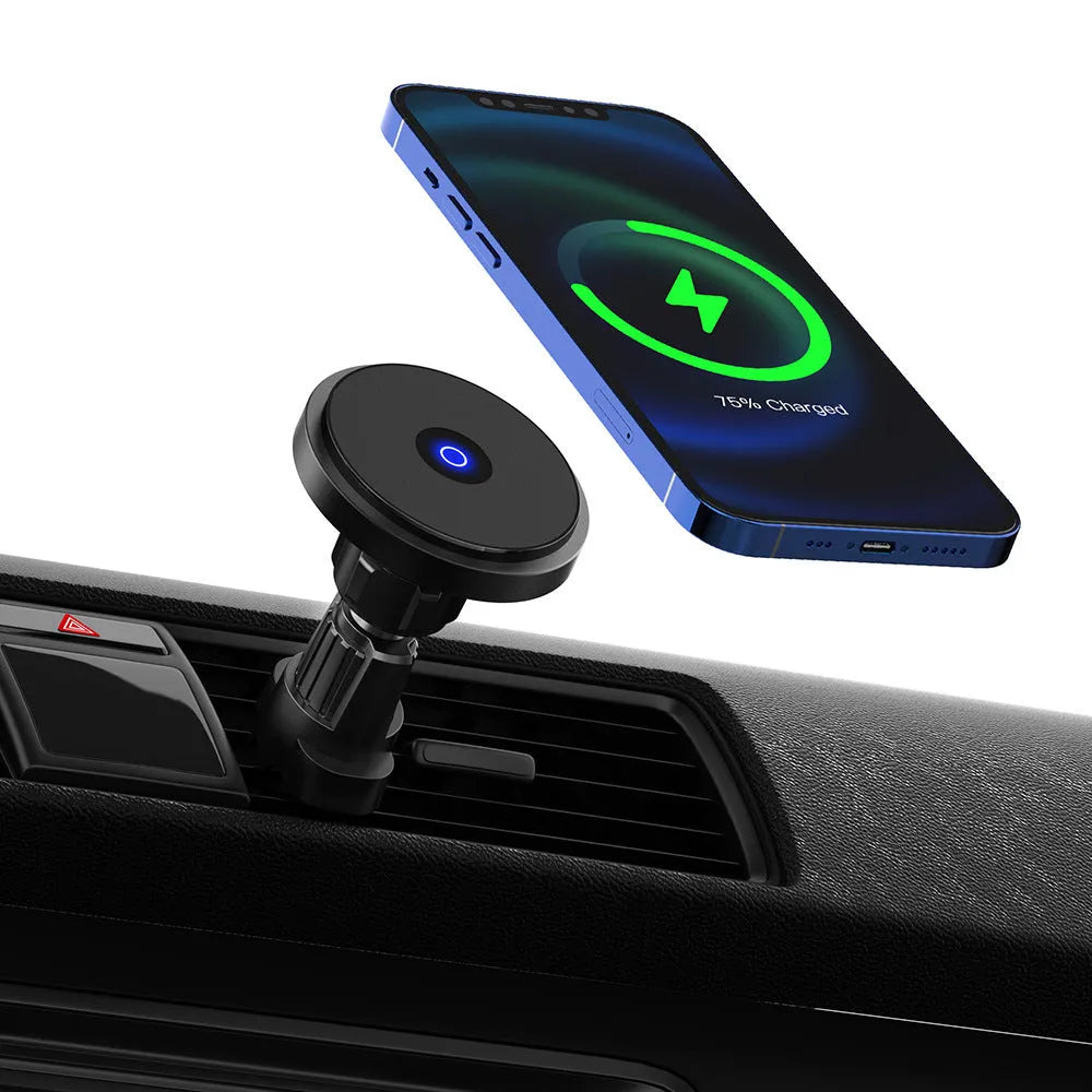 Circular aluminium alloy car wireless charging bracket mounted on air vent with phone charging