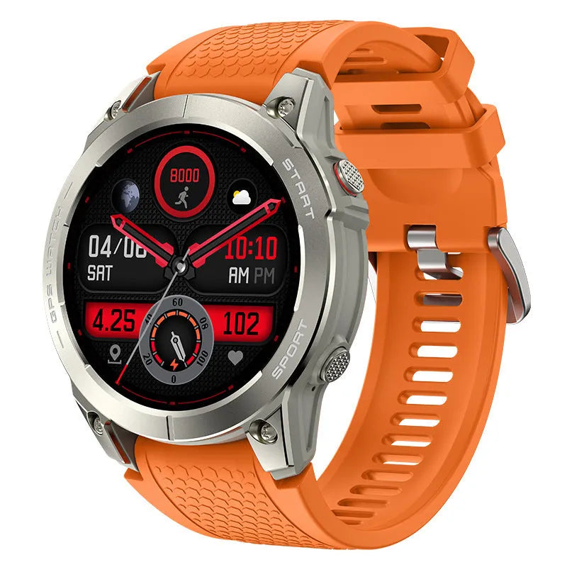 S53 black and orange outdoor GPS smartwatch with silicone strap on a wrist