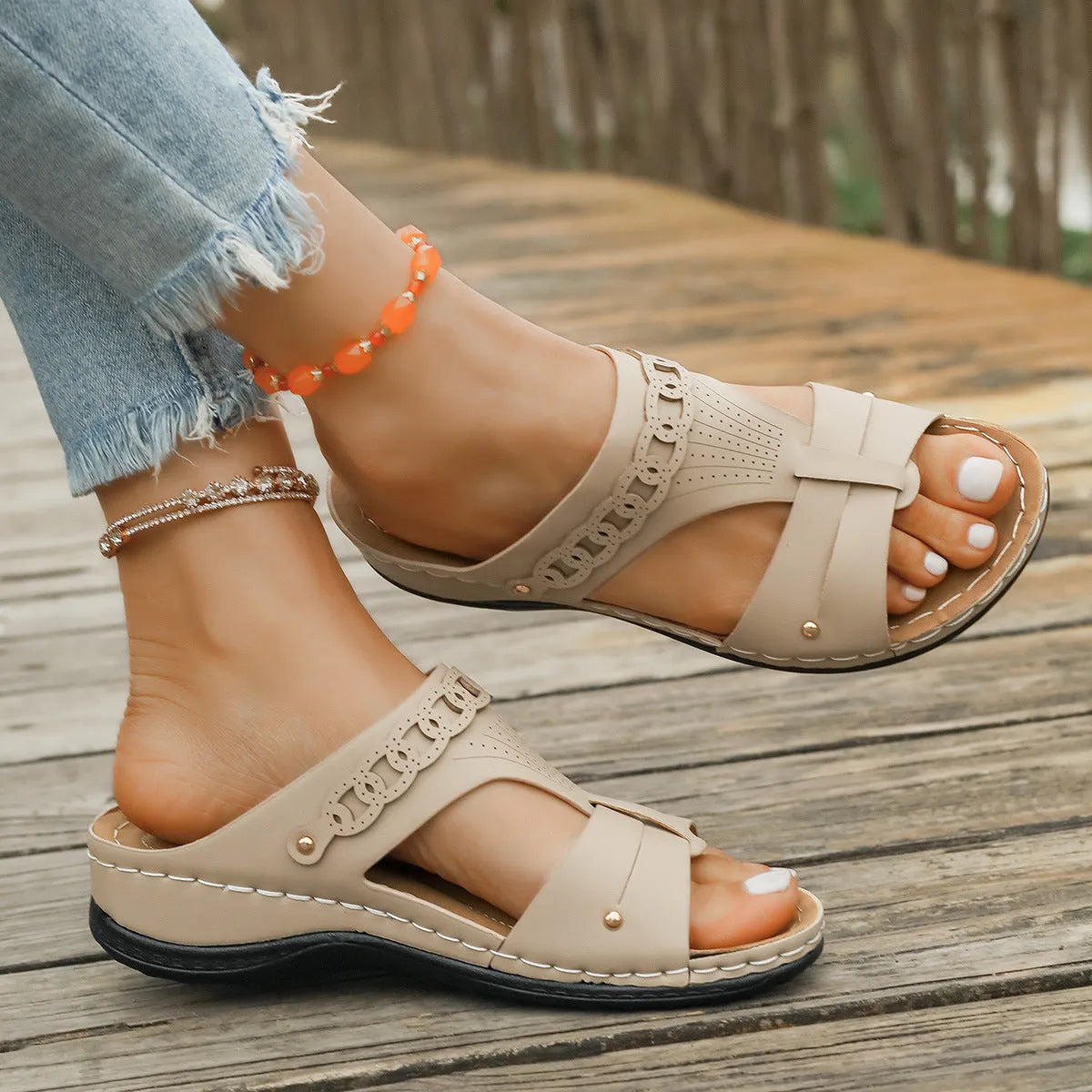 Roman style slippers with fish mouth toe and slope heel in multiple colour options.