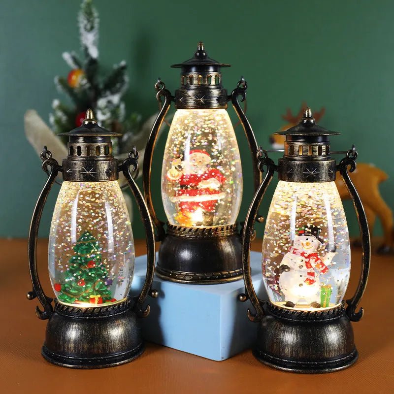 Crystal ball oil lamp Christmas ornament with light-emitting snowman scene on desktop