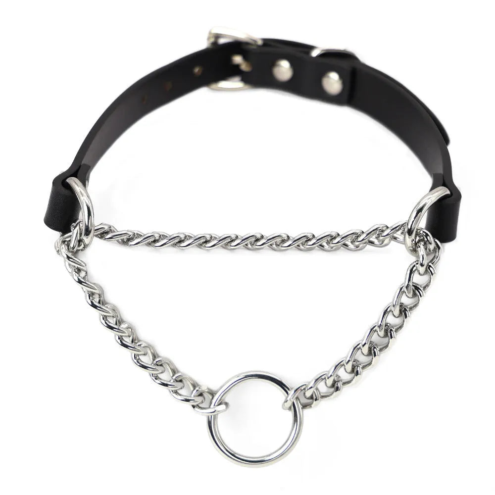 Black leather dog collar with chain tightening mechanism and matching leash