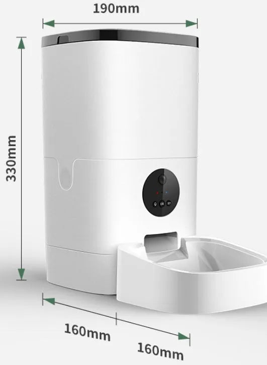 White smart pet automatic feeder with 6 litre capacity, stainless steel tray, and digital timer on a kitchen counter