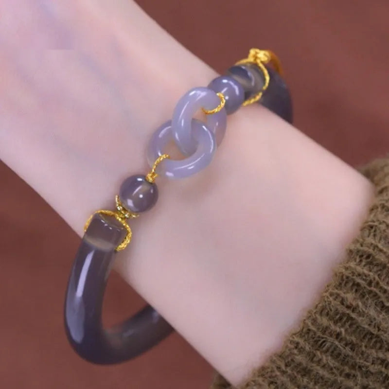 Smoke purple grey agate bracelet with ring buckle closure on wrist