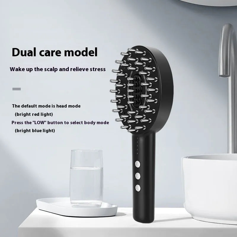 Black handheld scalp massager device with vibration settings for hair care therapy