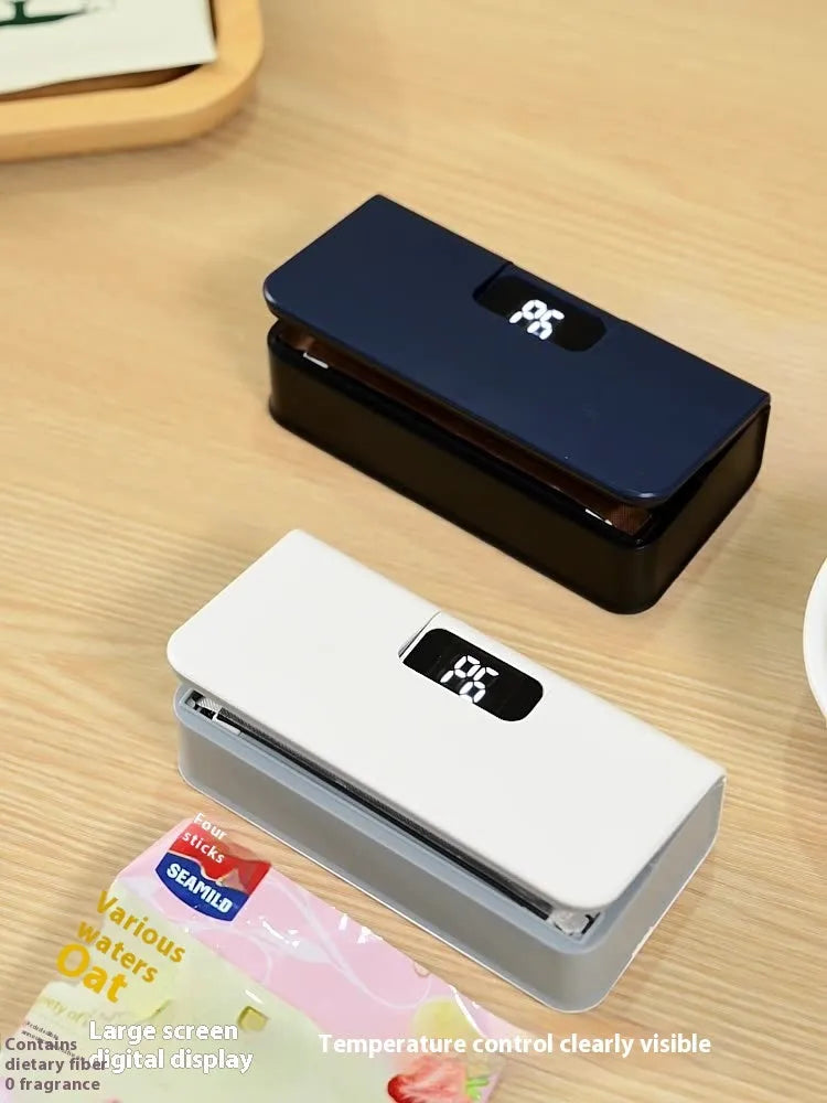 Small portable manual heat sealing machine for plastic snack bags in white or blue.